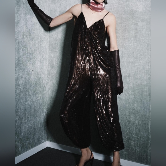 Zara Zw Collection Balloon Sequin Jumpuit Limited Edition Sz S Brown Nwt - Picture 2 of 15